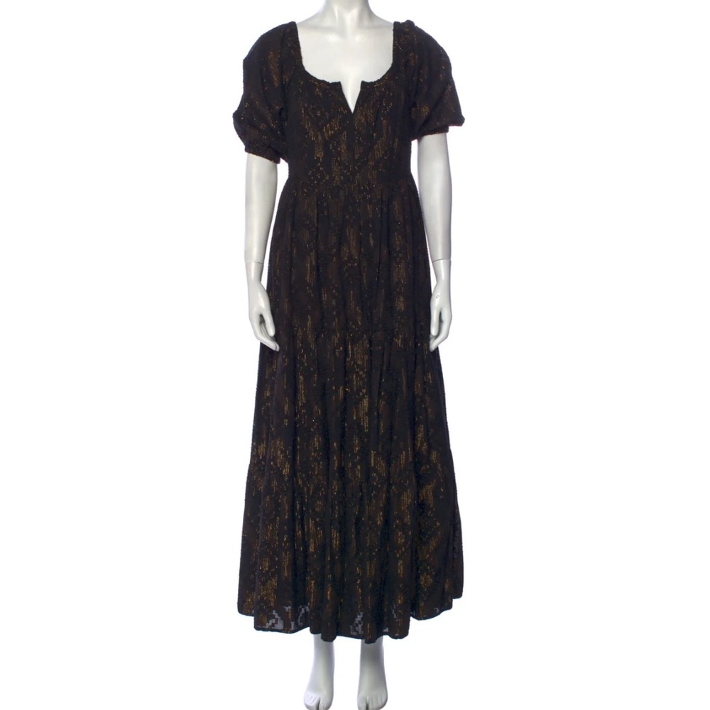 Roller Rabbit Small Black & Gold Lace Tiered Maxi Dress Puff Sleeve Boho EUC